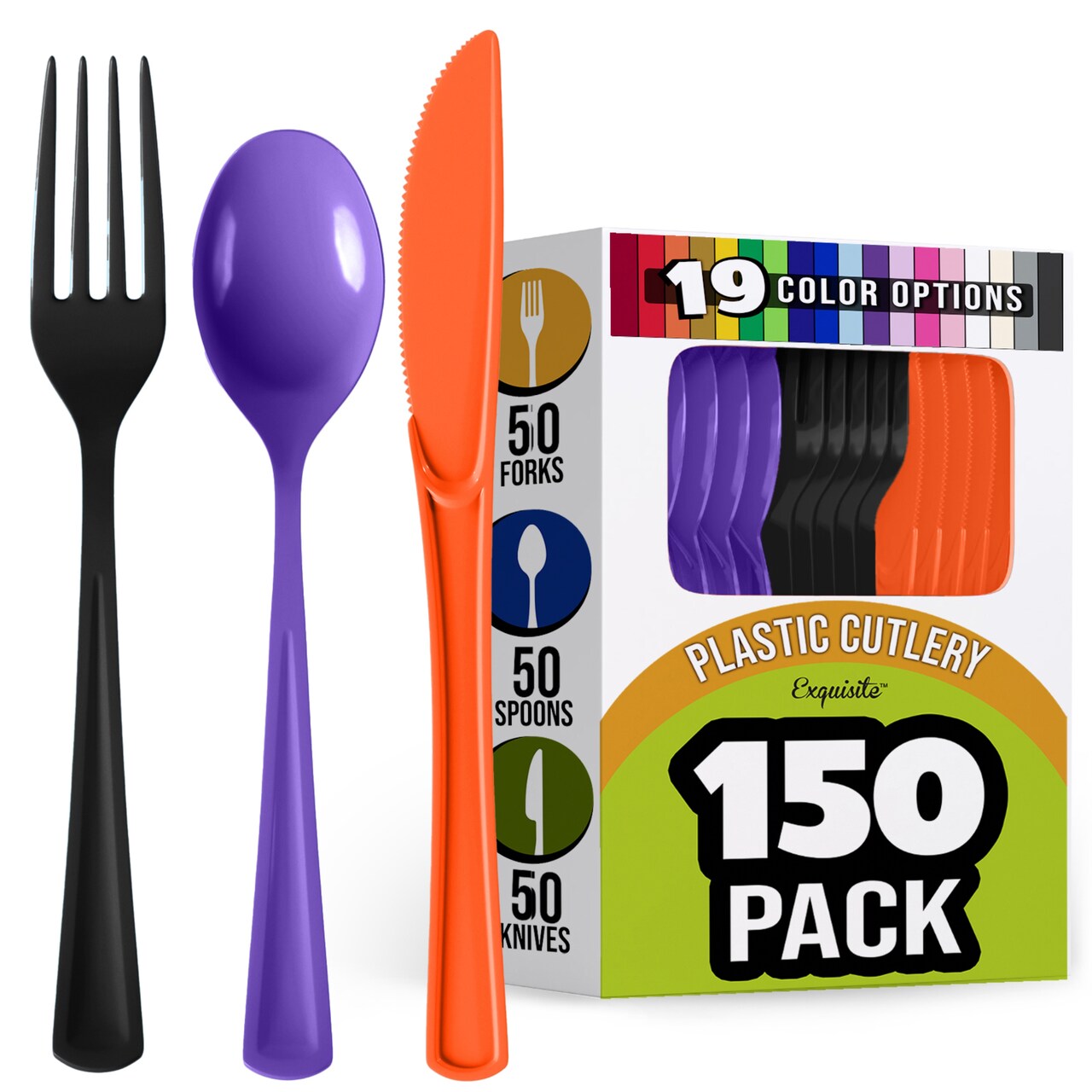 Exquisite Polished Plastic Silverware – 150 Pcs Heavy Duty Cutlery Set – 50 Each of Forks, Knives & Spoons – Disposable Utensil Set for Parties, Events & Catering – Flatware Set by Party Solids